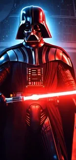 Epic space warrior with red lightsaber in a dramatic scene.