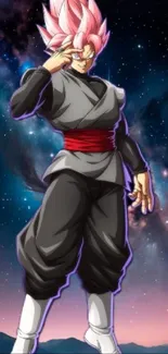 Anime character in space-themed wallpaper wearing black suit with a red belt.