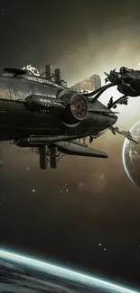 Futuristic spacecraft in space, passing planets with dark cosmic background.