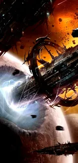 Epic spaceship collision with fiery colors and detailed cosmic scenery.