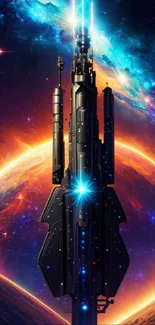 Futuristic spaceship against vivid galaxy backdrop on mobile wallpaper.