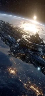 Futuristic spaceship hovering over Earth.