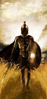 Spartan warrior stands boldly in a golden field with shield and epic backdrop.