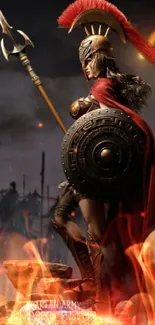 Epic Spartan warrior with shield and red cape, standing in a smoky battlefield.