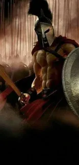 Epic Spartan warrior in armor with shield and sword in a misty battleground.