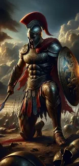 Epic Spartan warrior kneeling in battle with shield and sword.