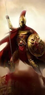 Epic Spartan warrior in golden armor standing heroically with a spear and shield.