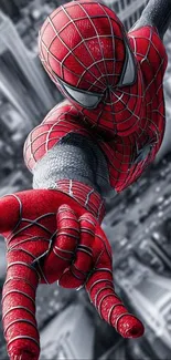 Superhero swings above a cityscape in dynamic wallpaper.