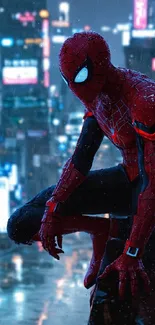 Spider-Man perched on a city rooftop at night in the rain.