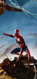 Spider-Man in action with robotic enemies amidst a swirling storm backdrop.