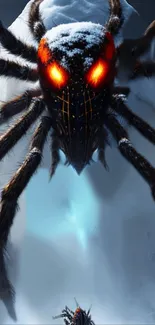 Epic giant snow spider with glowing eyes mobile wallpaper.