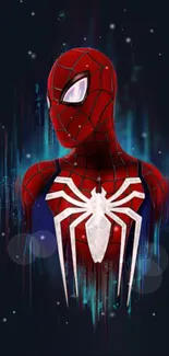 Dynamic superhero in red and blue suit with glowing background art.