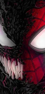 Dynamic split-face wallpaper of two iconic superheroes in red and black design.