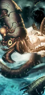 Colossal squid attacking ship in epic ocean scene.