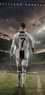 Football player in a stadium with dramatic lighting.
