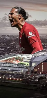 Intense football player over city stadium background.