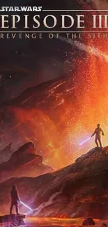 Epic Star Wars Episode III lightsaber duel with fiery landscape.