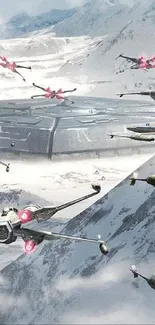 Starships in snowy mountain landscape wallpaper, sci-fi battle scene.