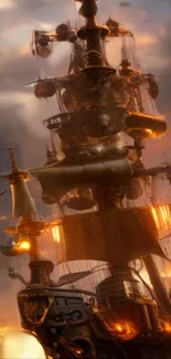 Steampunk airship sails through golden sunset sky.