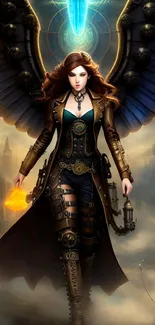 Steampunk angel with wings in dramatic fantasy art.