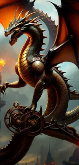 Epic steampunk dragon with fiery elements in a fantasy sky setting.