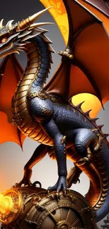 Steampunk dragon standing on mechanical orb with vibrant orange wings.