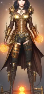 Steampunk warrior with golden armor on a stylish mobile wallpaper.