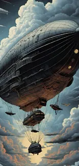 Steampunk airship floating in dramatic cloudy skies.