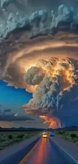 Epic storm cloud over a scenic road with dramatic lighting.