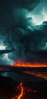 Dramatic storm clouds with fiery horizon and electric skies over a city landscape.