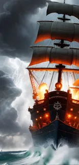 Epic sail ship in stormy ocean with fiery glow and dramatic clouds.