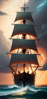 Sailing ship amidst stormy seas with lightning in the sky.