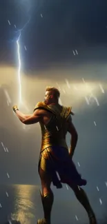 Warrior wielding lightning in stormy sky.