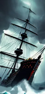 Majestic ship sails through a fierce lightning storm on the dark ocean.