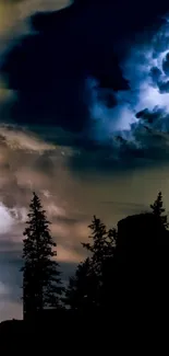 Silhouetted trees under dramatic stormy night sky with lightning.