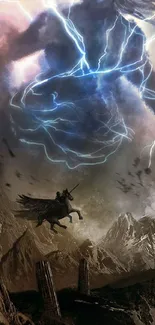 Epic scene of Pegasus amidst a lightning storm over mountains.