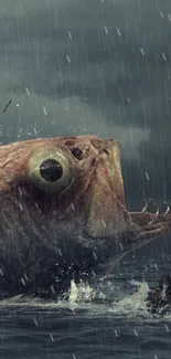 Giant fish emerges from stormy sea under dark clouds.