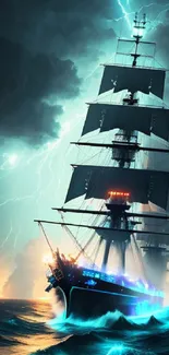 Majestic ship braves a stormy sea with lightning illuminating the night sky.