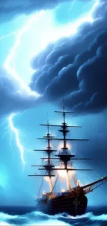 Majestic ship sailing through a stormy sea under a lightning-filled sky.