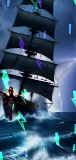 Dynamic sailing ship braving a stormy ocean with neon accents.