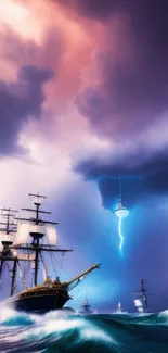 Mystical stormy sea with ships and lightning scene wallpaper.