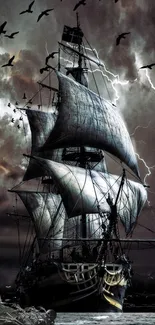 Sailing ship on stormy seas with lightning and dark clouds.