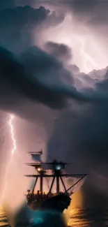 Epic ship in a stormy sea with intense lightning.