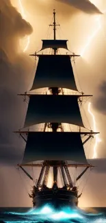 Majestic ship sails through a stormy sea lit by lightning.