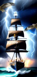 Epic ship sailing through a stormy sea with lightning and eagles.