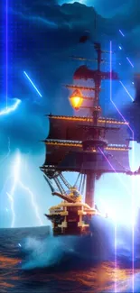 Majestic ship in stormy sea with glowing lanterns and lightning.