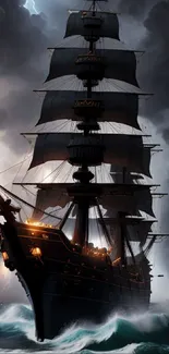 Majestic ship braving stormy seas with lightning illuminating dark clouds.