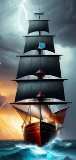 Epic wallpaper of a ship sailing through a dramatic storm on the ocean.