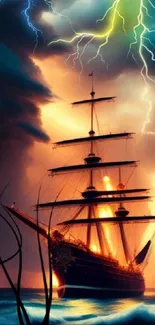 Majestic ship amidst a storm with lightning strikes.