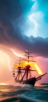 Epic ship facing a storm with lightning and dramatic skies.